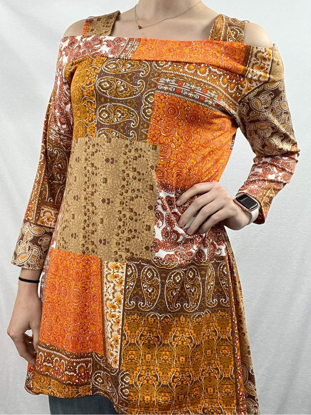 Patchwork Off-Shoulder Long Sleeve Dress - Orange/Brown
